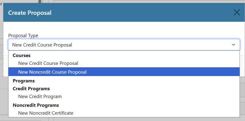 Selecting "New Noncredit Course Proposal" from the "Create New Proposal" dialog box
