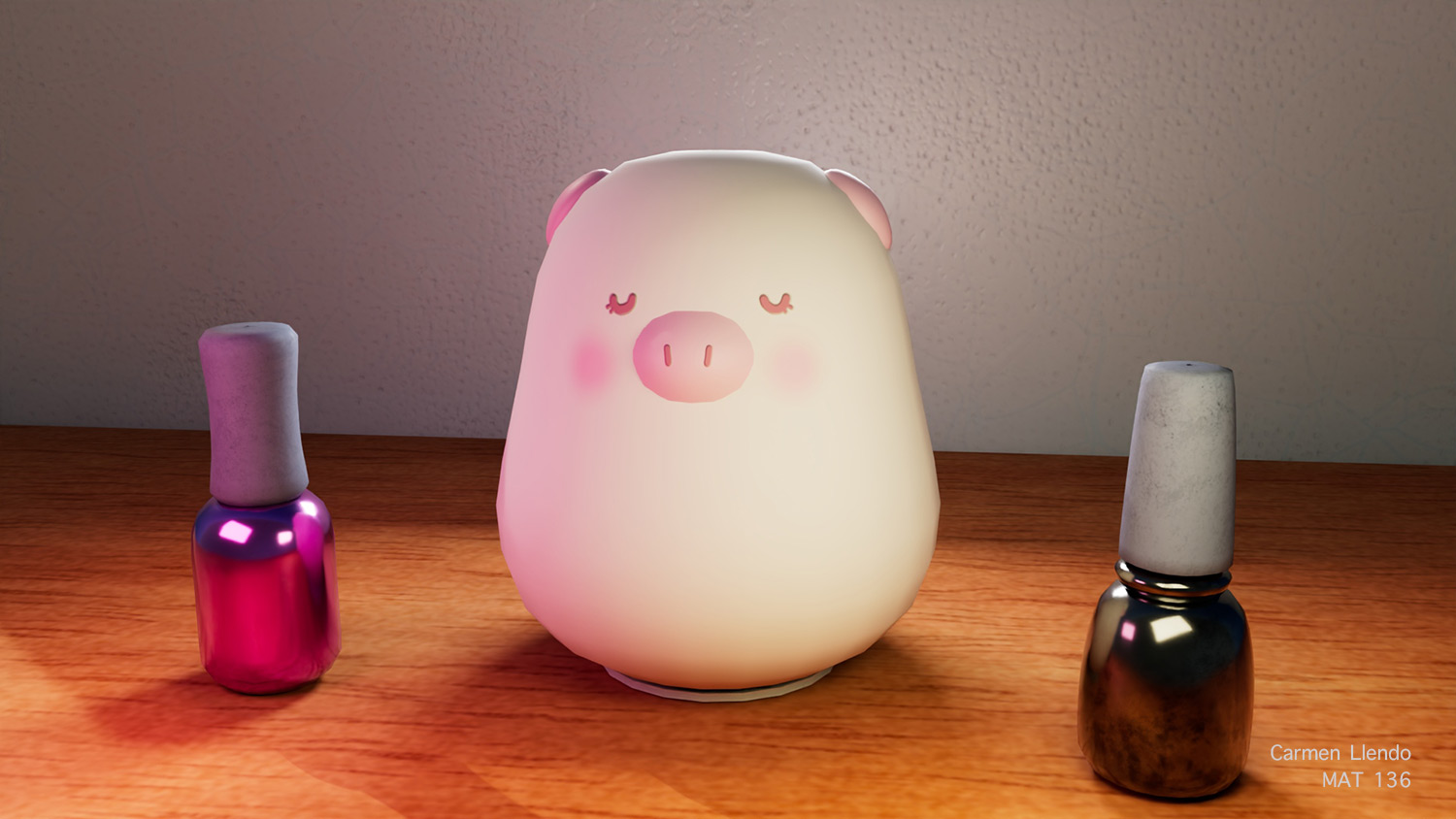 Still Life by Carmen Llendo - a finished model of a shape made to look like a pig and two bottles