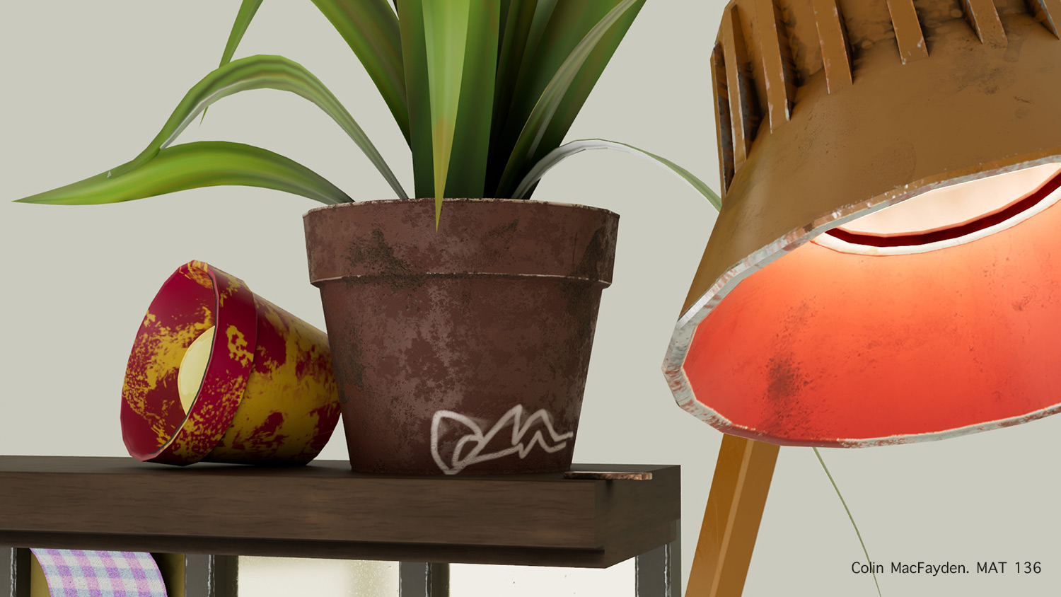 Still Life 4 by Colin MacFadyen - a model of a potted plant, lamp and tipped over pot