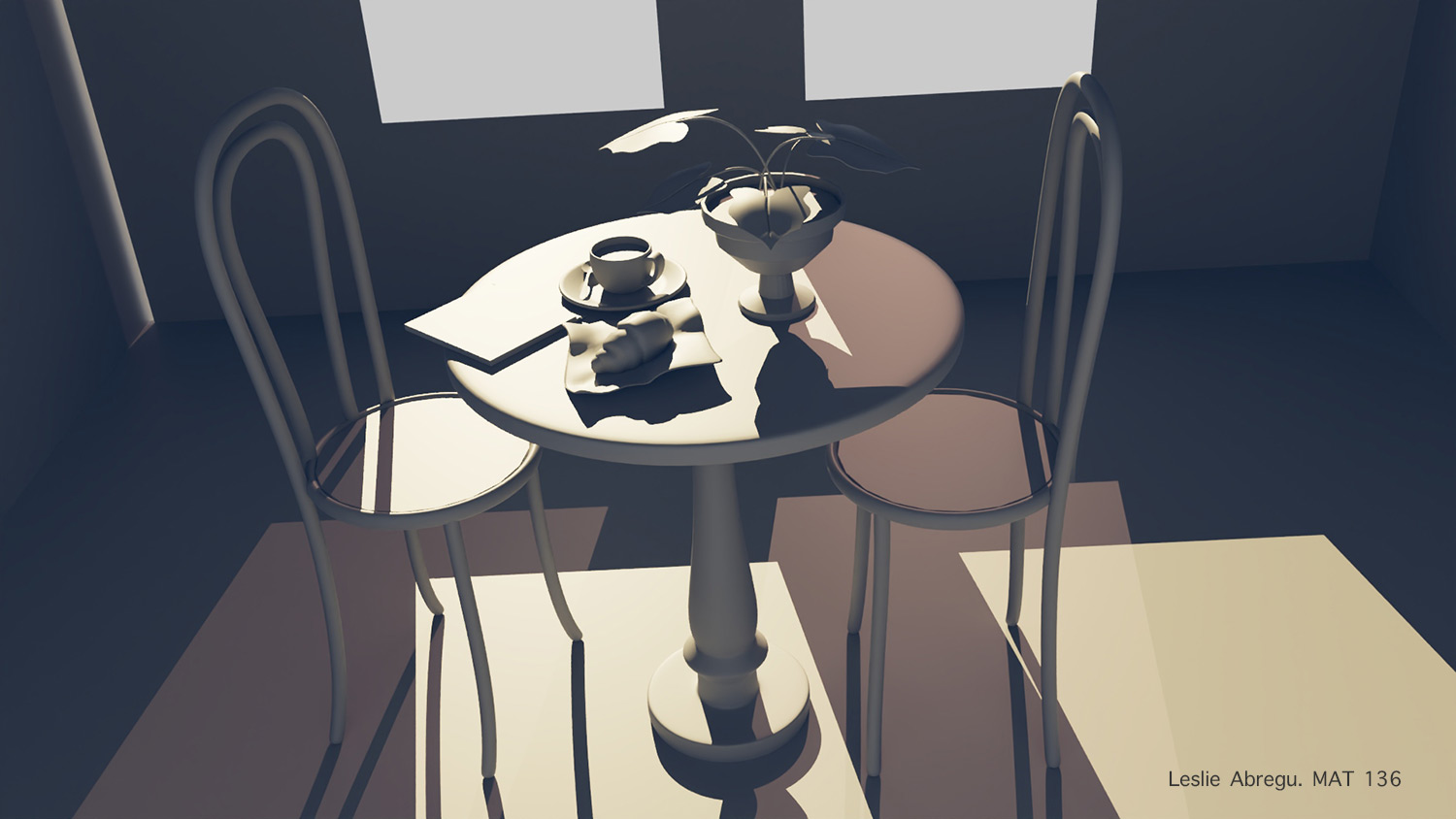 Still Life by Leslie Abregu - an unshaded model of two chairs and a table with a plant and coffee cup