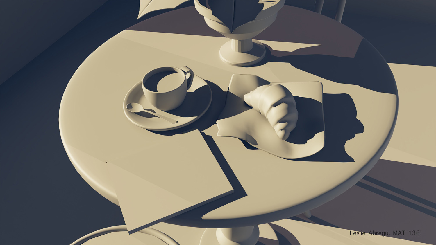 Still Life 1 by Leslie Abregu - an unshaded model of a coffee table with a cup of coffee and croissant and house plant